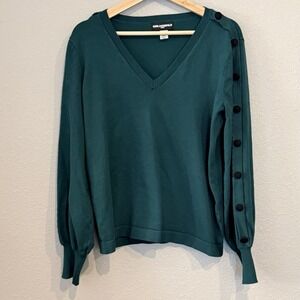 Karl Lagerfeld Green V Neck Button Long Sleeve Knit Top M Womens Preppy Academia